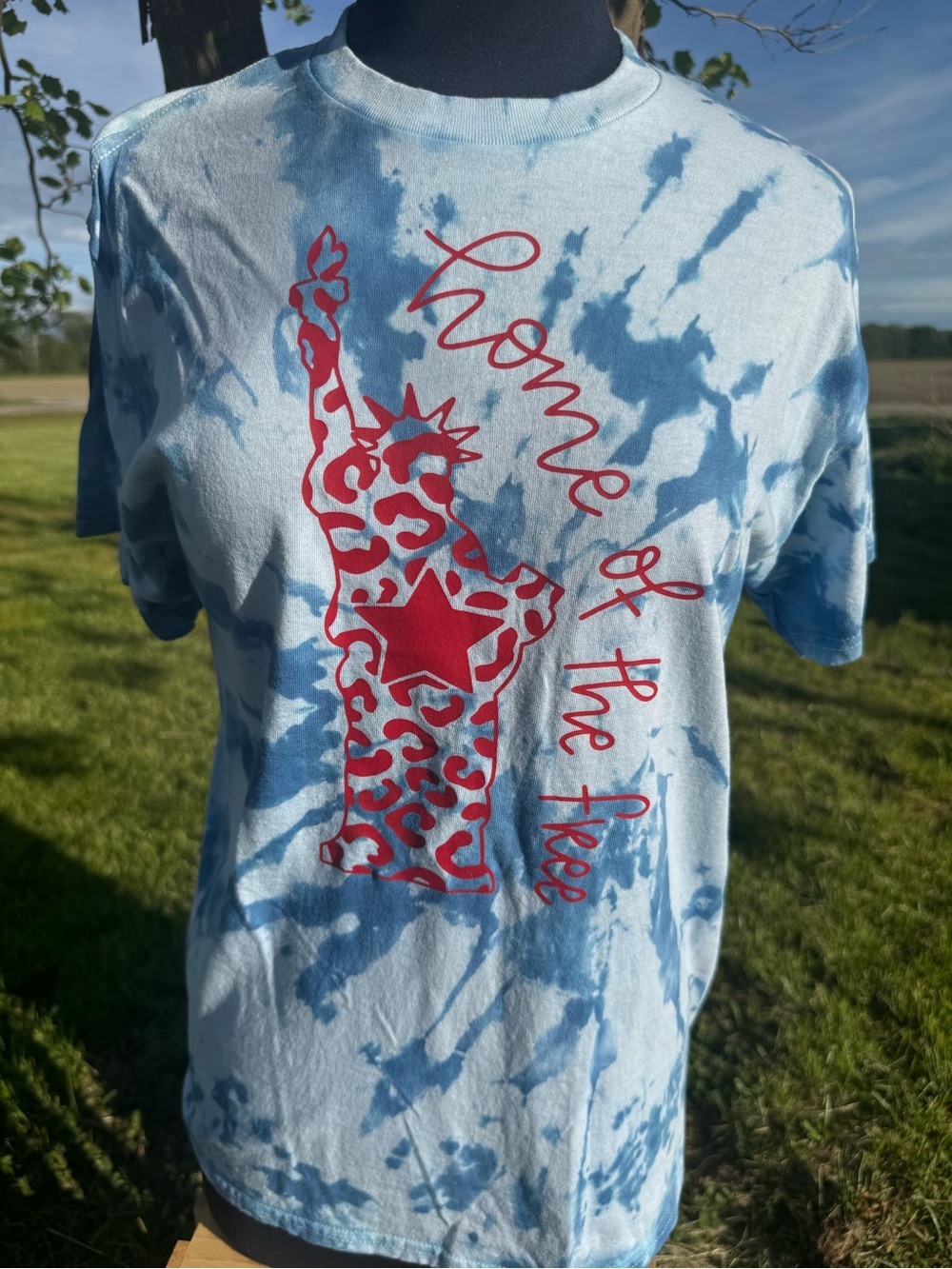 Gildan Blue Tie-Dye Tee with Red Graphic - "Home of the Free"